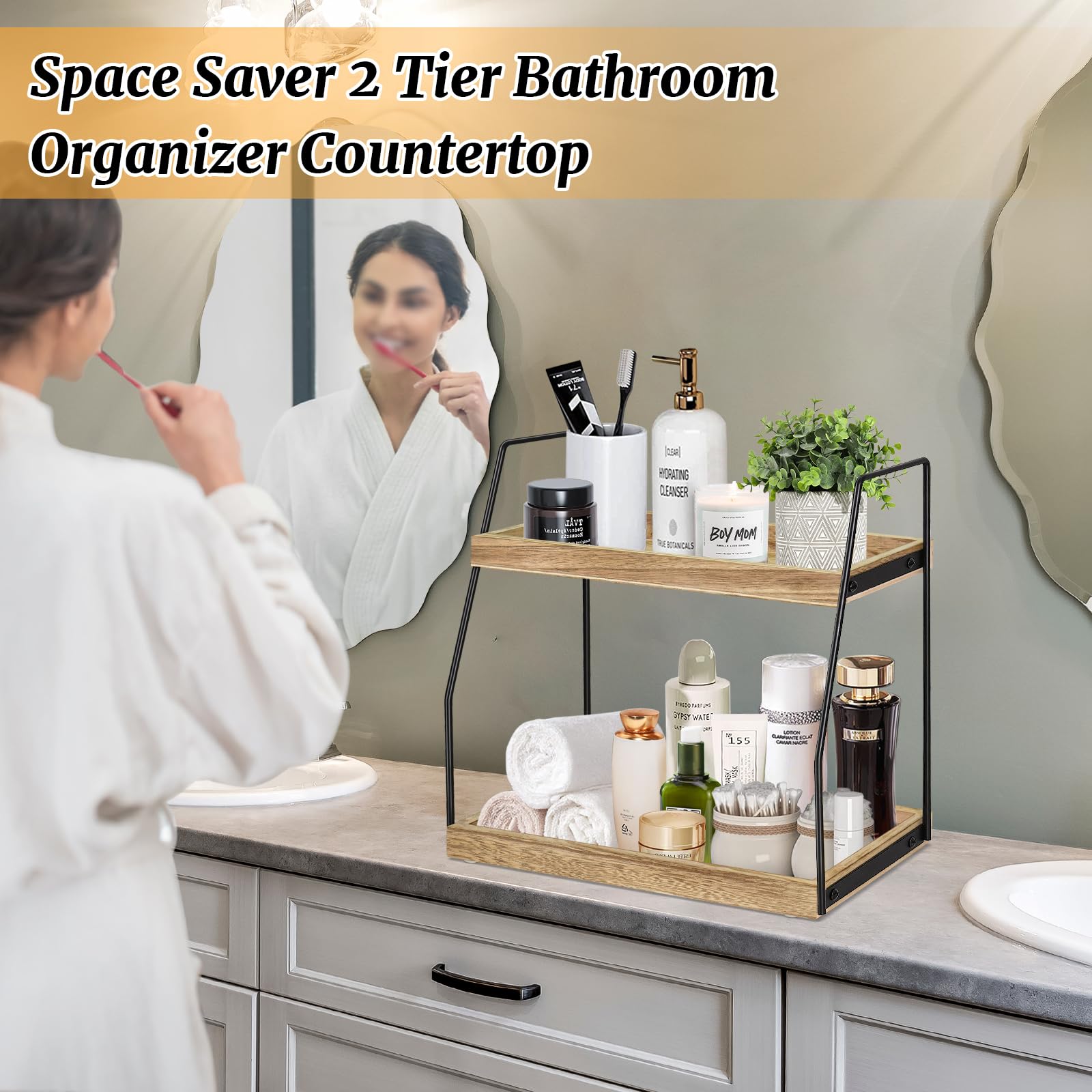2 Tier Bathroom Countertop Organizer, Wood Bathroom Counter Shelf